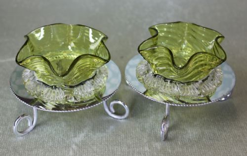 Pair Antique Edwardian Green Glass Salts