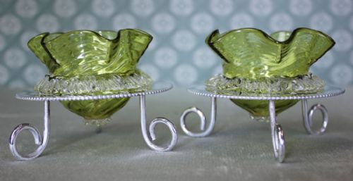 fig 1. Pair Antique Edwardian Green Glass Salts