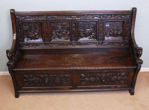 Victorian Carved Oak Box Settle, Monks Bench, Hall Seat