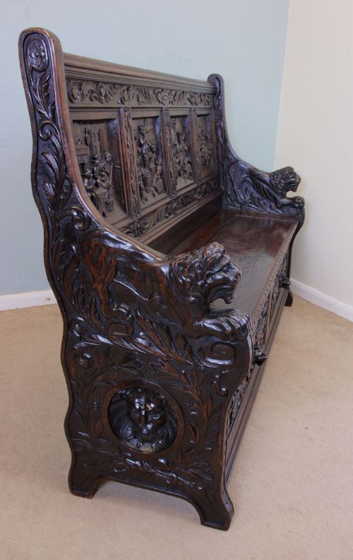 fig 1. Victorian Carved Oak Box Settle, Monks Bench, Hall Seat