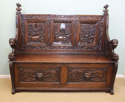 Victorian Oak Box Settle, Monks Bench, Hall Seat