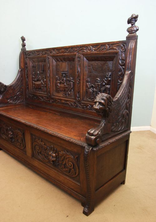fig 1. Victorian Oak Box Settle, Monks Bench, Hall Seat