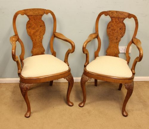 Pair Georgian Style Walnut Carver Armchairs / Elbow Desk Chairs