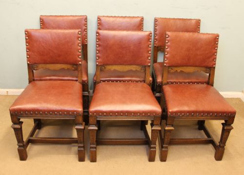 Antique Oak Set Six Leather Country Dining Chairs