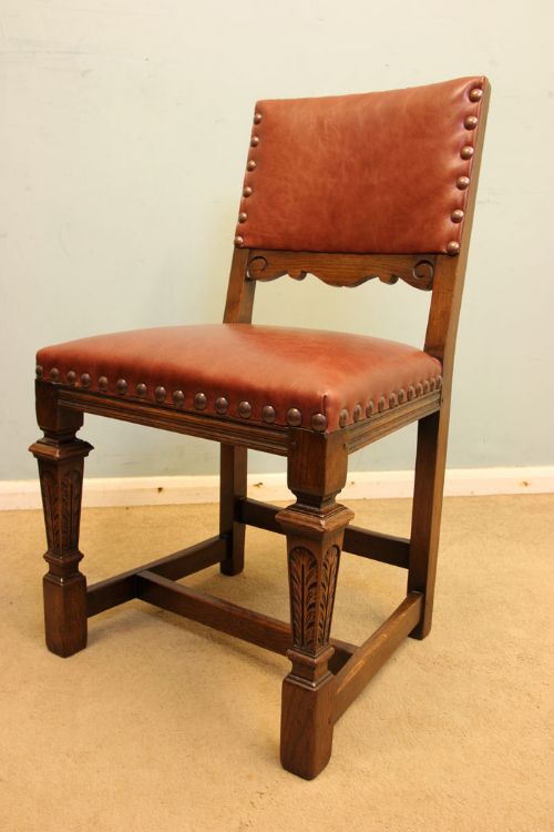 fig 2. Antique Oak Set Six Leather Country Dining Chairs
