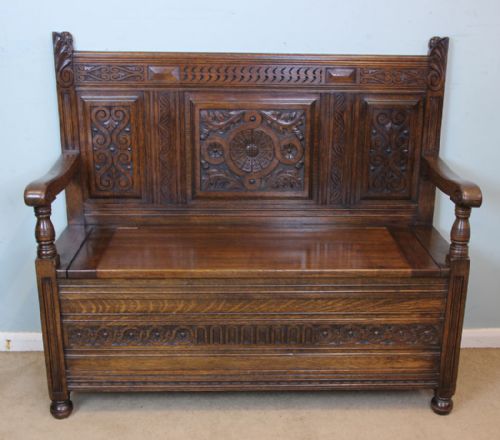 Antique Oak Box Settle / Hall Seat / Monks Bench