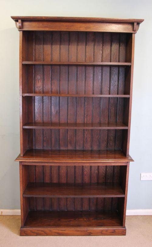 fig 1. Antique Oak Tall Open Bookcase Adjustable Shelves