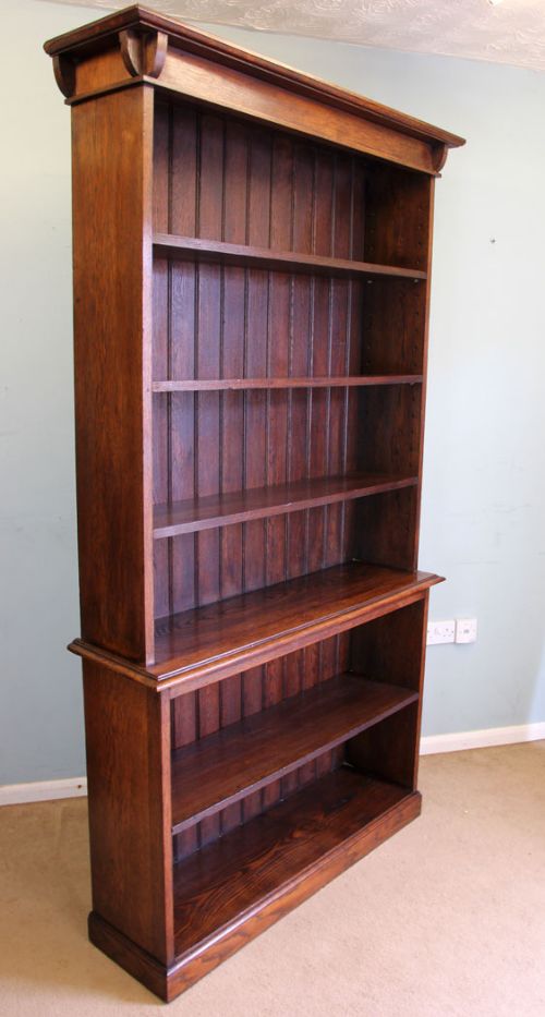 fig 2. Antique Oak Tall Open Bookcase Adjustable Shelves
