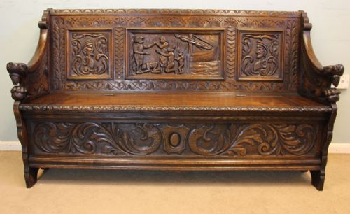 Victorian Carved Oak Settle / Hall Seat / Monks Bench