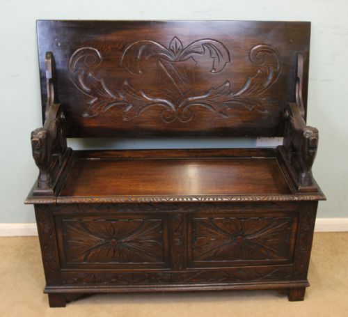 Antique Carved Oak Monks Bench, Hall Seat, Settle.