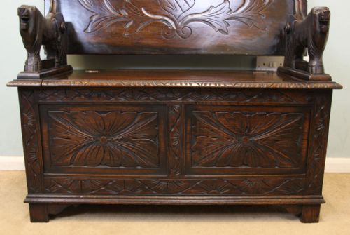 fig 1. Antique Carved Oak Monks Bench, Hall Seat, Settle.