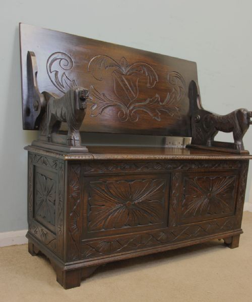 fig 2. Antique Carved Oak Monks Bench, Hall Seat, Settle.