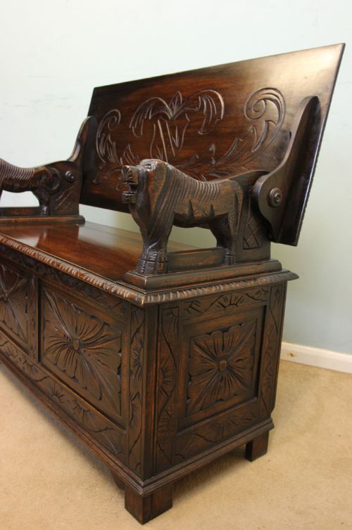 fig 3. Antique Carved Oak Monks Bench, Hall Seat, Settle.