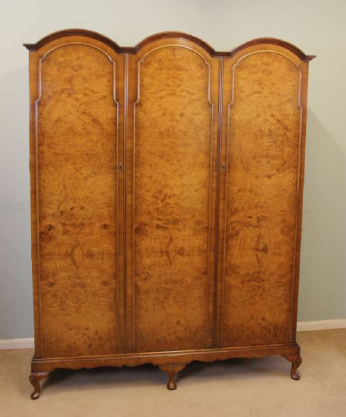 Antique Queen Anne Style Burr Walnut 3 Door Wardrobe