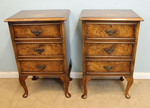 Pair Antique Burr Walnut Bedside Cabinets / Chest of Drawers