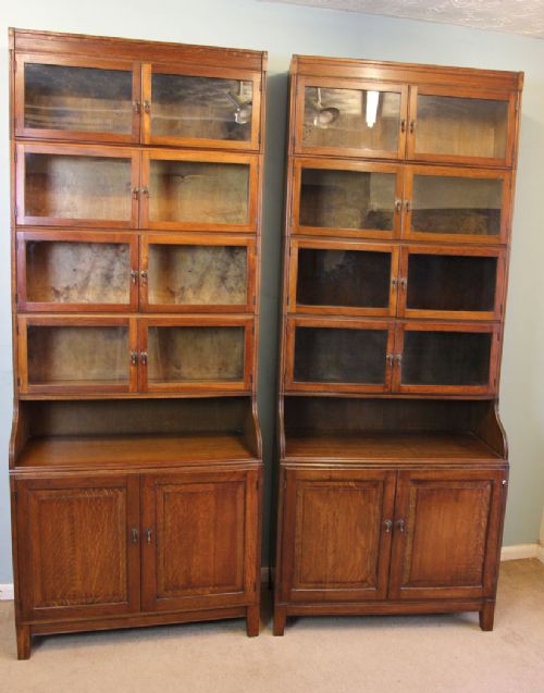 Pair Antique Globe Wernicke Style  Stacking Edwardian Oak Library Bookcases