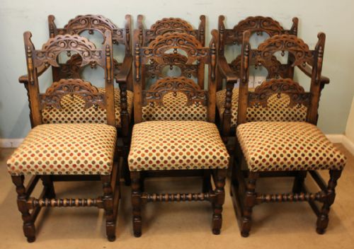 Set Six Antique Country Oak Dining Chairs