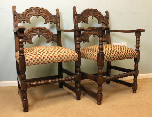 fig 1. Set Six Antique Country Oak Dining Chairs
