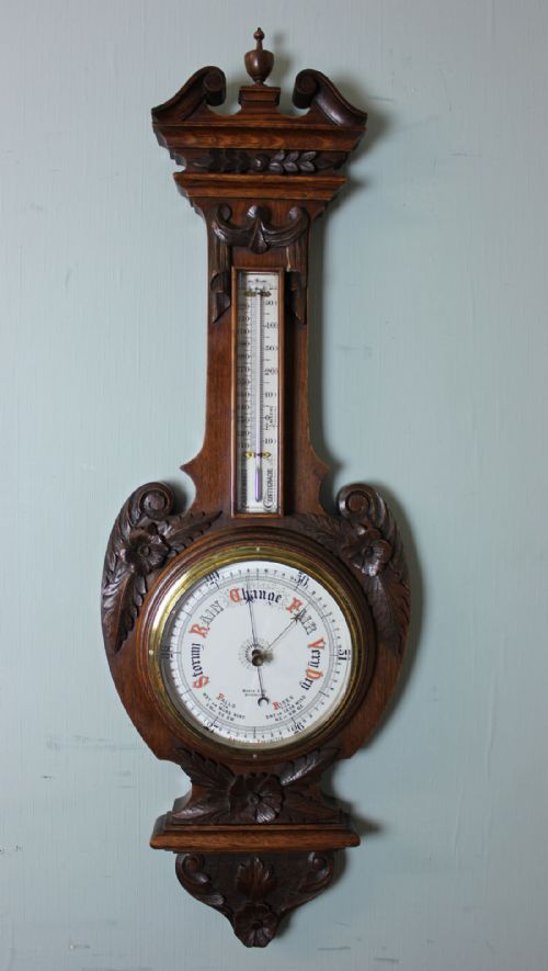 Antique Carved Oak Aneroid Barometer