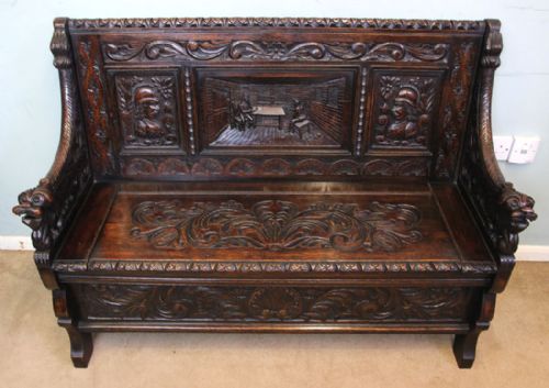 Antique Victorian Carved Oak Settle, Hall Seat / Monks Bench.
