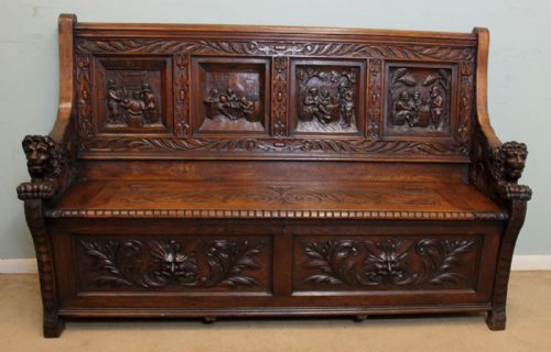 Antique Victorian Carved Oak Settle / Hall Seat / Monks Bench