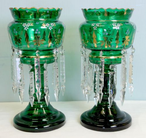 Pair Antique Victorian Green Mantle Lusters / Table Lusters