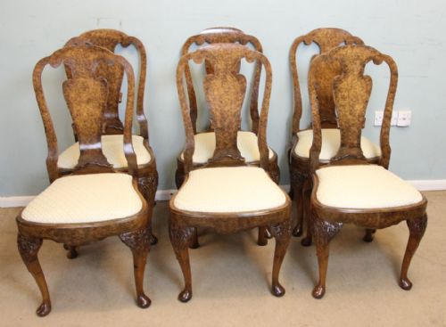 Set Six Walnut Queen Anne Style Dining Chairs
