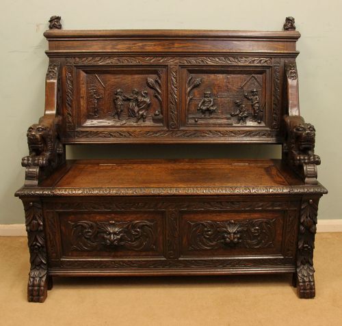 Antique Victorian Oak Settle / Hall Seat / Monks Bench Green Man Carving