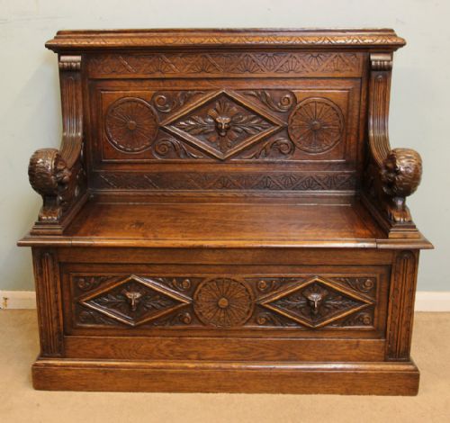 Antique Carved Oak Settle / Hall Seat / Monks Bench