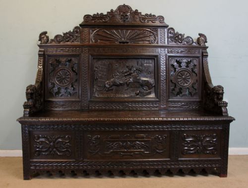 Antique Green Man Carved Oak Settle Monks Bench Hall Seat