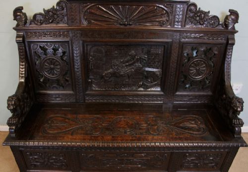 fig 1. Antique Green Man Carved Oak Settle Monks Bench Hall Seat