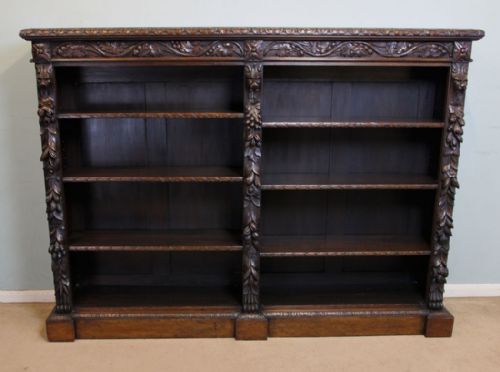 Antique Victorian Open Library Carved Oak Bookcase