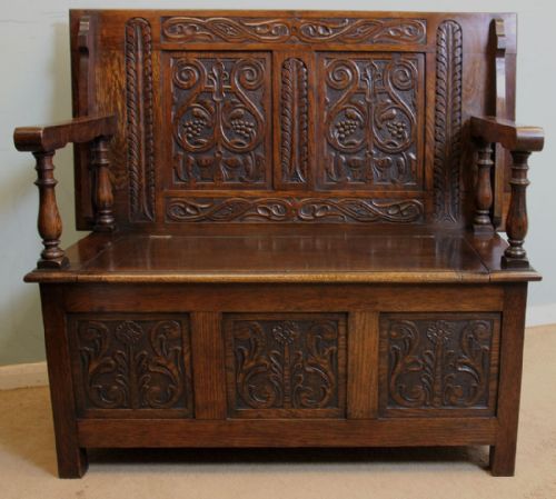 Antique Oak Box Settle Monks Bench Hall Seat