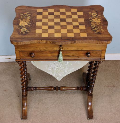 Antique Victorian Inlaid Workbox Sewing Table