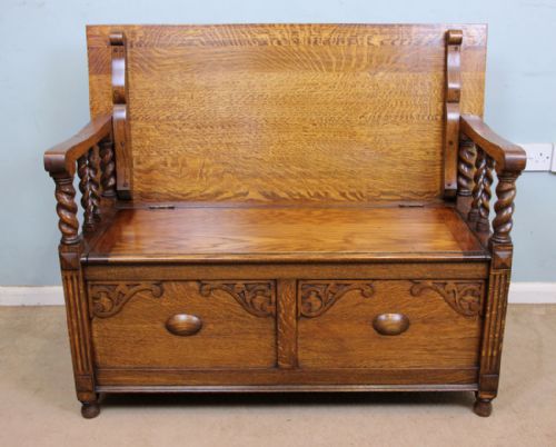 Antique Oak Settle Monks Bench Hall Seat