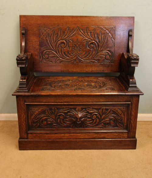 Antique Carved Oak Settle Monks Bench Hall Seat
