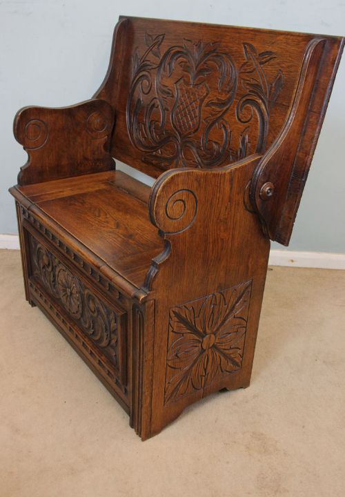 fig 1. Small Carved Oak Settle Monks Bench