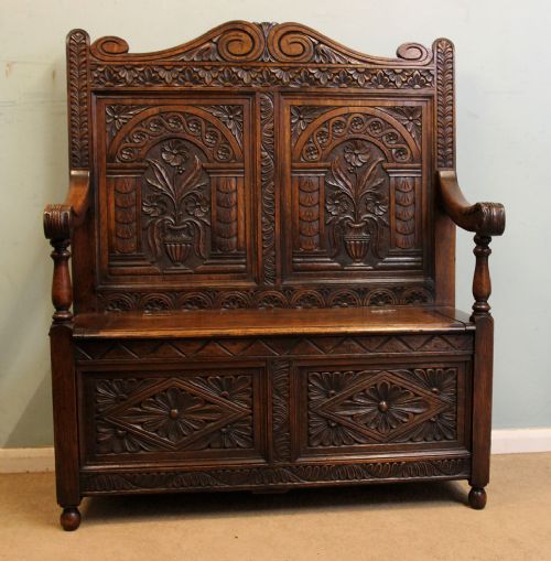Antique Carved Oak Monks Bench Settle