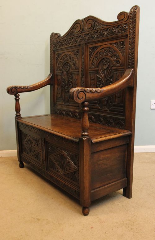 fig 1. Antique Carved Oak Monks Bench Settle