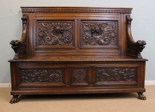 Antique Victorian Carved Oak Settle Monks Bench