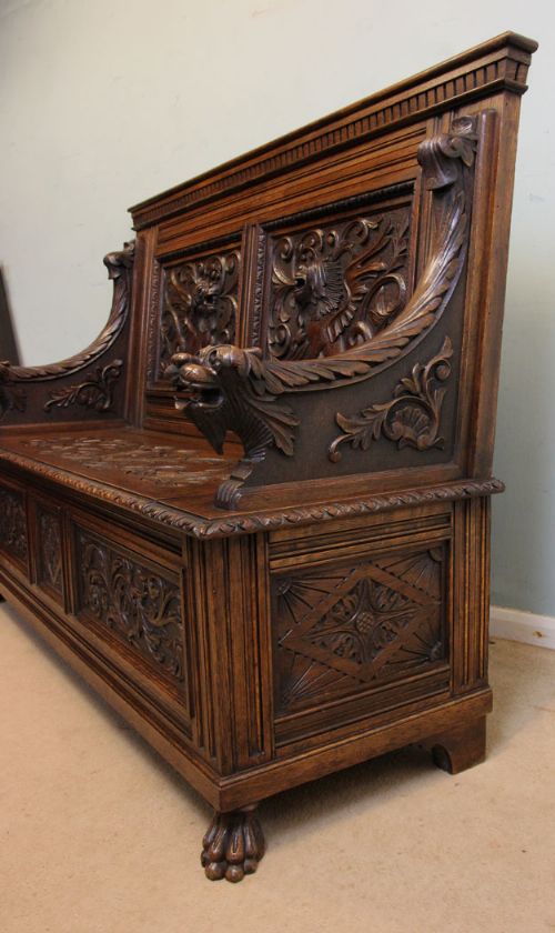 fig 1. Antique Victorian Carved Oak Settle Monks Bench