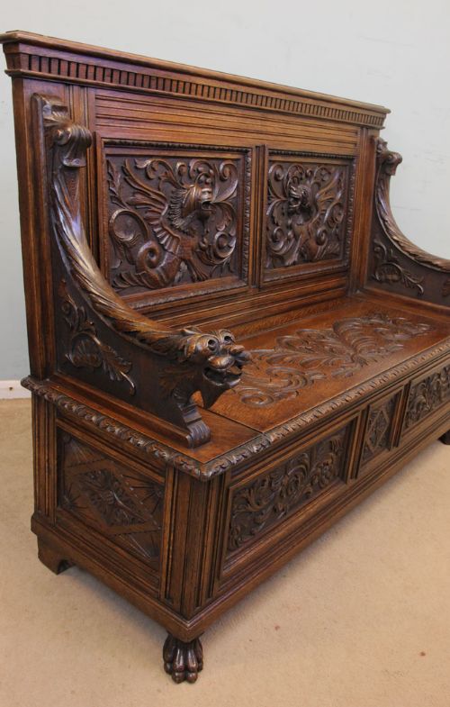 fig 2. Antique Victorian Carved Oak Settle Monks Bench