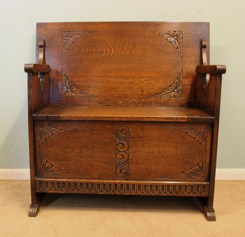 Antique Oak Settle Monks Bench Hall Seat