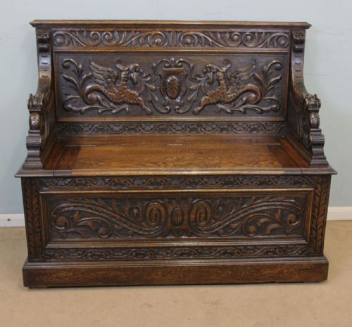 Antique Carved Oak Box Settle Monks Bench
