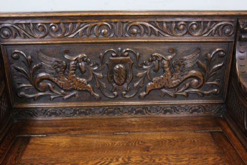 fig 1. Antique Carved Oak Box Settle Monks Bench