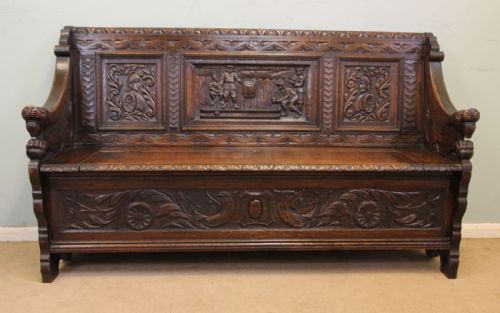 Antique Victorian Carved Oak Settle Hall Bench