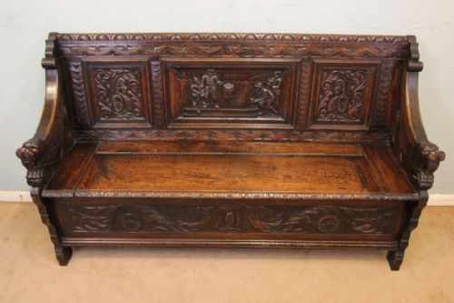 fig 2. Antique Victorian Carved Oak Settle Hall Bench