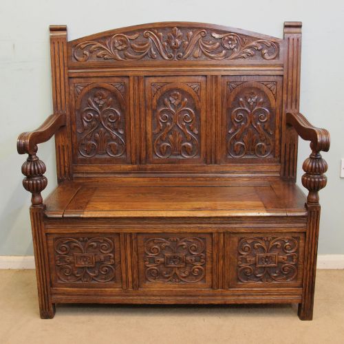 Antique Carved Oak Hall Settle Bench