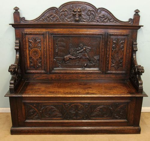 Antique Carved Oak Settle Monks Bench Hall Seat