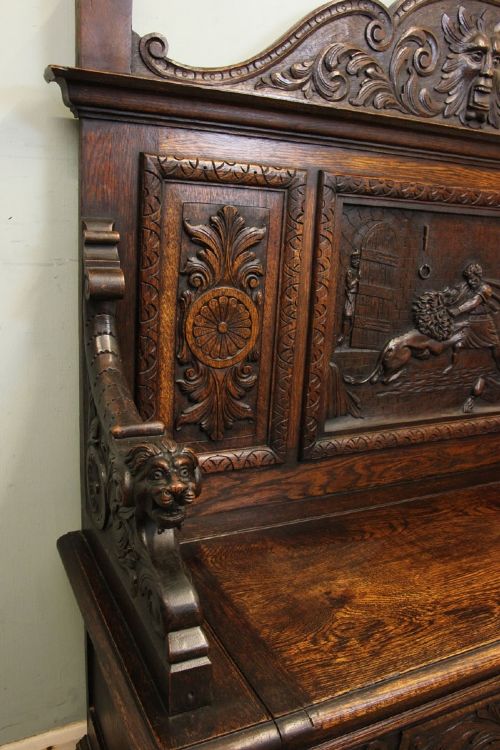 fig 2. Antique Carved Oak Settle Monks Bench Hall Seat